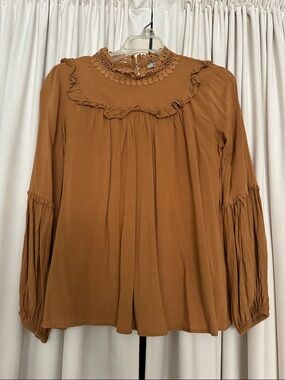 JODIFL Brown Ruffle Yoke Long-Sleeve Blouse
